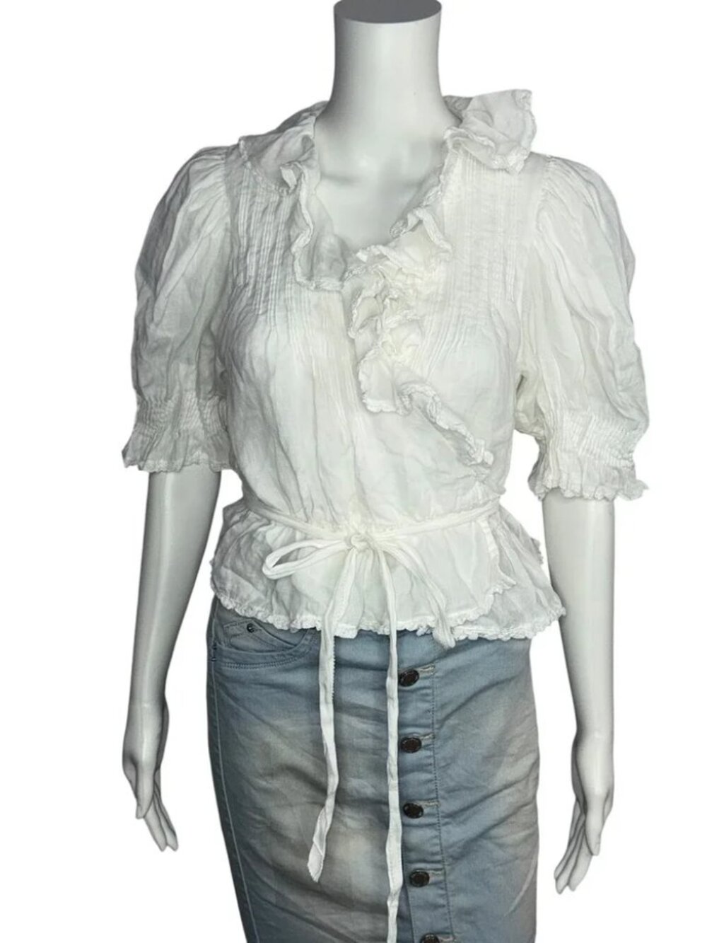 Doen White Ramie Lace Trim Ruffle Wrap Blouse Pintuck Puff Sleeve Size M